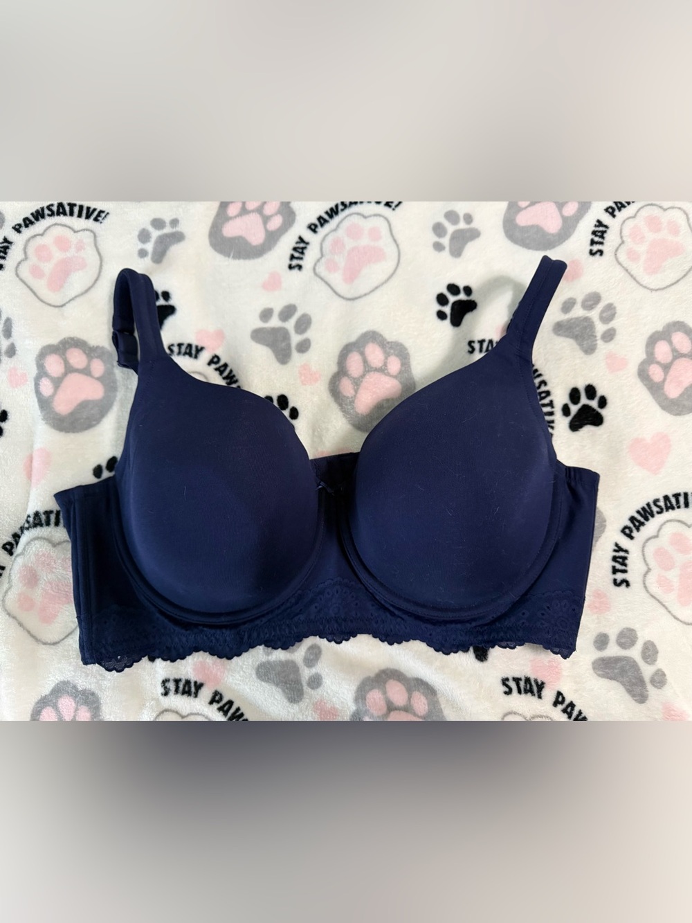 Navy T-Shirt Bra with Lace Trim - 46DDD